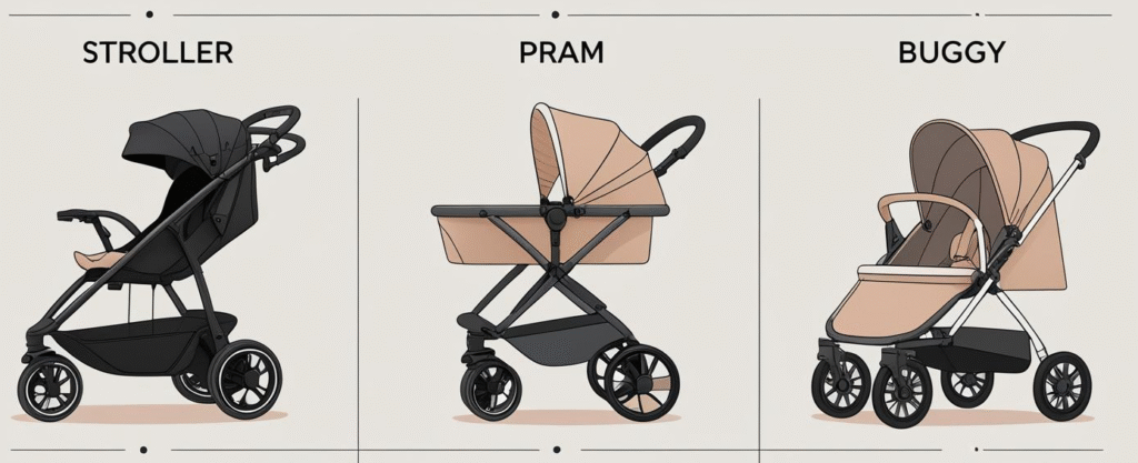Image showing Stroller, a pram and a Buggy side by side